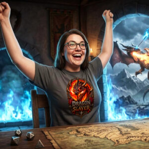 Woman celebrates her slaying of the fire breathing dragon - in game!