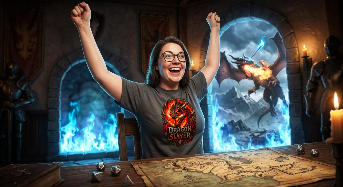 Woman celebrates her slaying of the fire breathing dragon - in game!